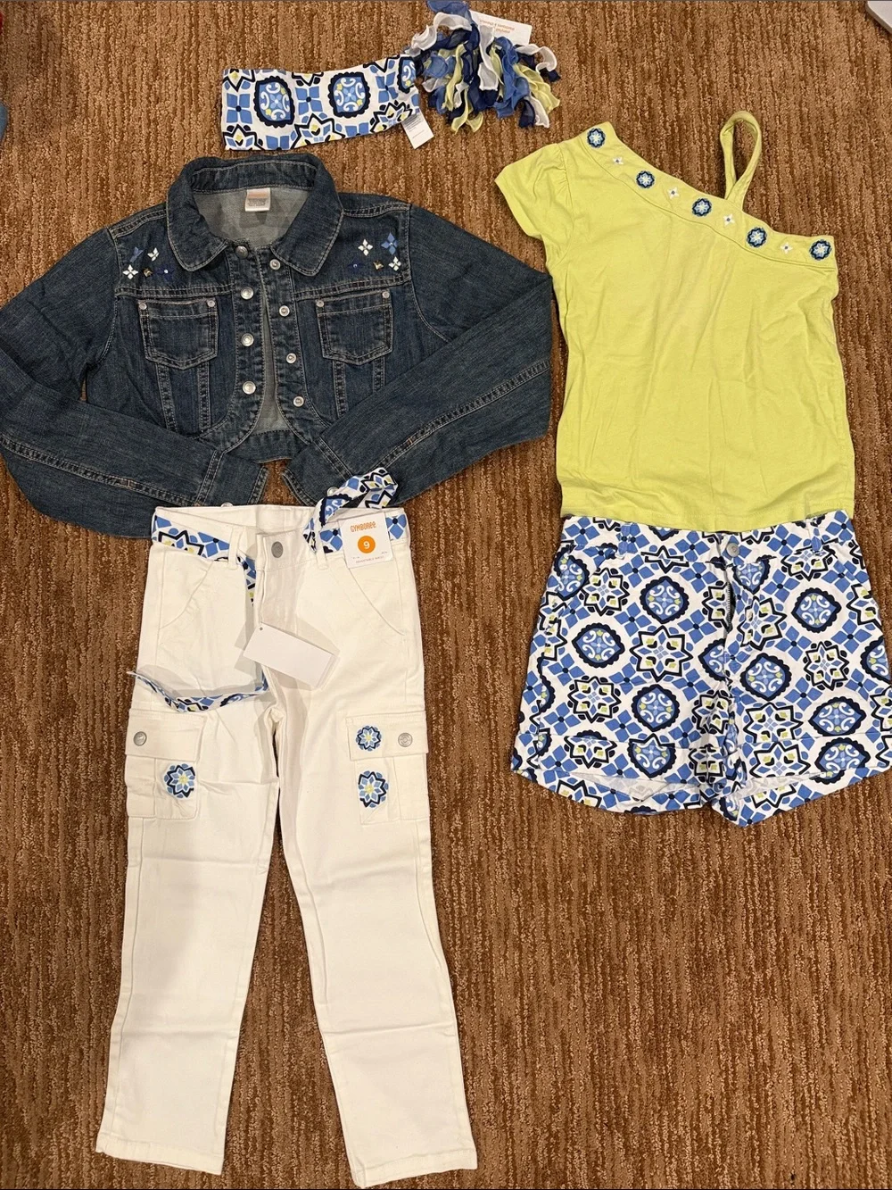 Gymboree Lime Green One-Shoulder Top with Blue Patterned Shorts